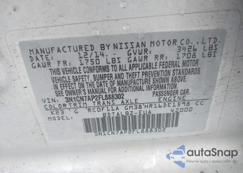 2015 Nissan Versa 1.6 S/1.6 S+/1.6 Sl/1.6 Sv из США, поврежденный, VIN 3N1CN7AP2FL888302